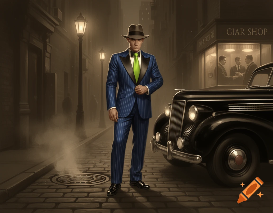 A man in a blue pinstripe suit, green tie, and fedora stands by a classic black car on a cobblestone street at night.