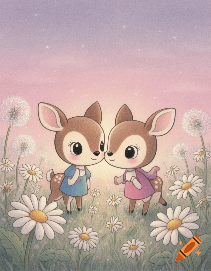 Two cute cartoon deer nuzzle in a field of white daisies and dandelions under a pink and purple sky, in an illustration.