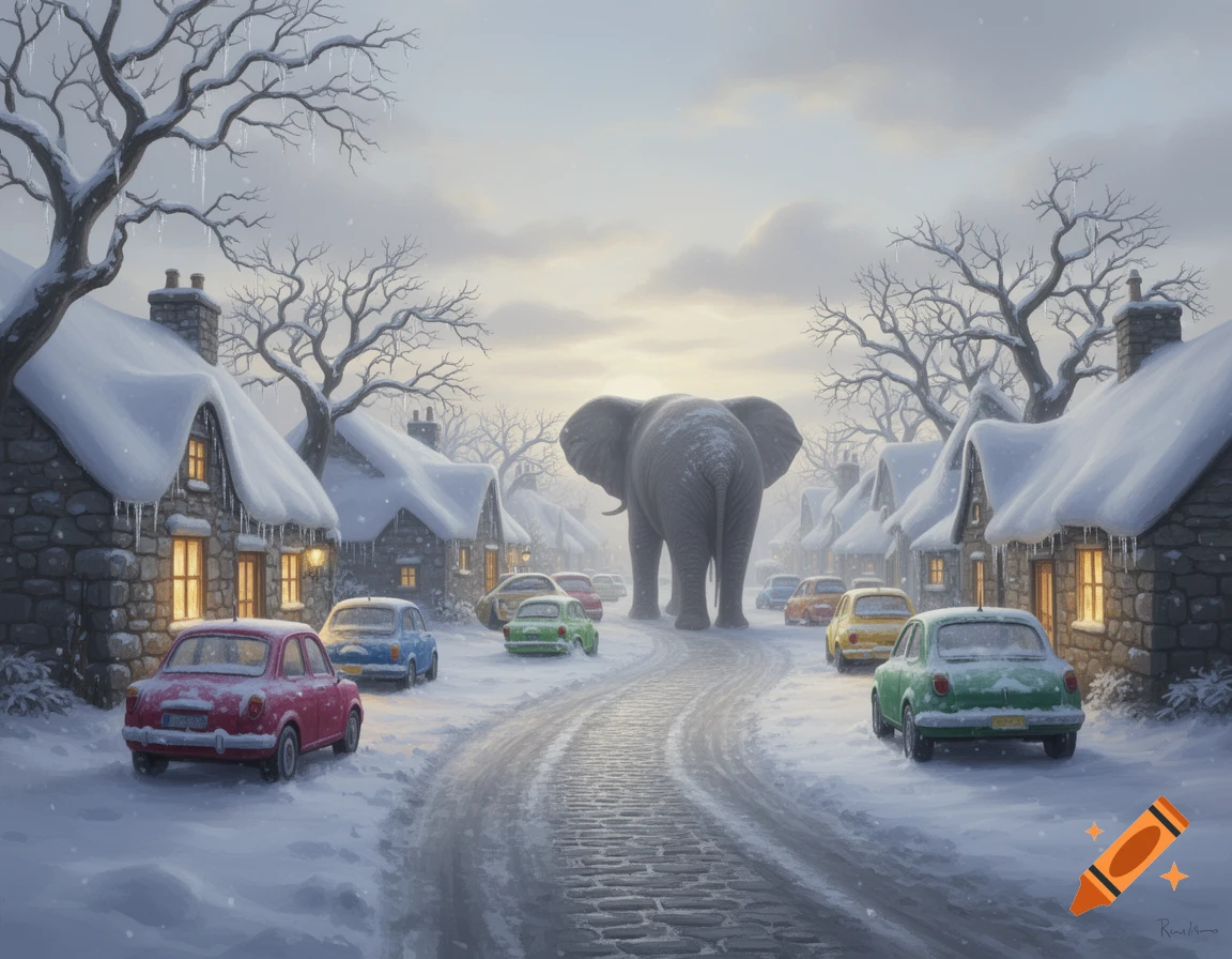 A large elephant walks down a snowy cobblestone street lined with charming snow-covered houses and small cars in a whimsical, painterly style.