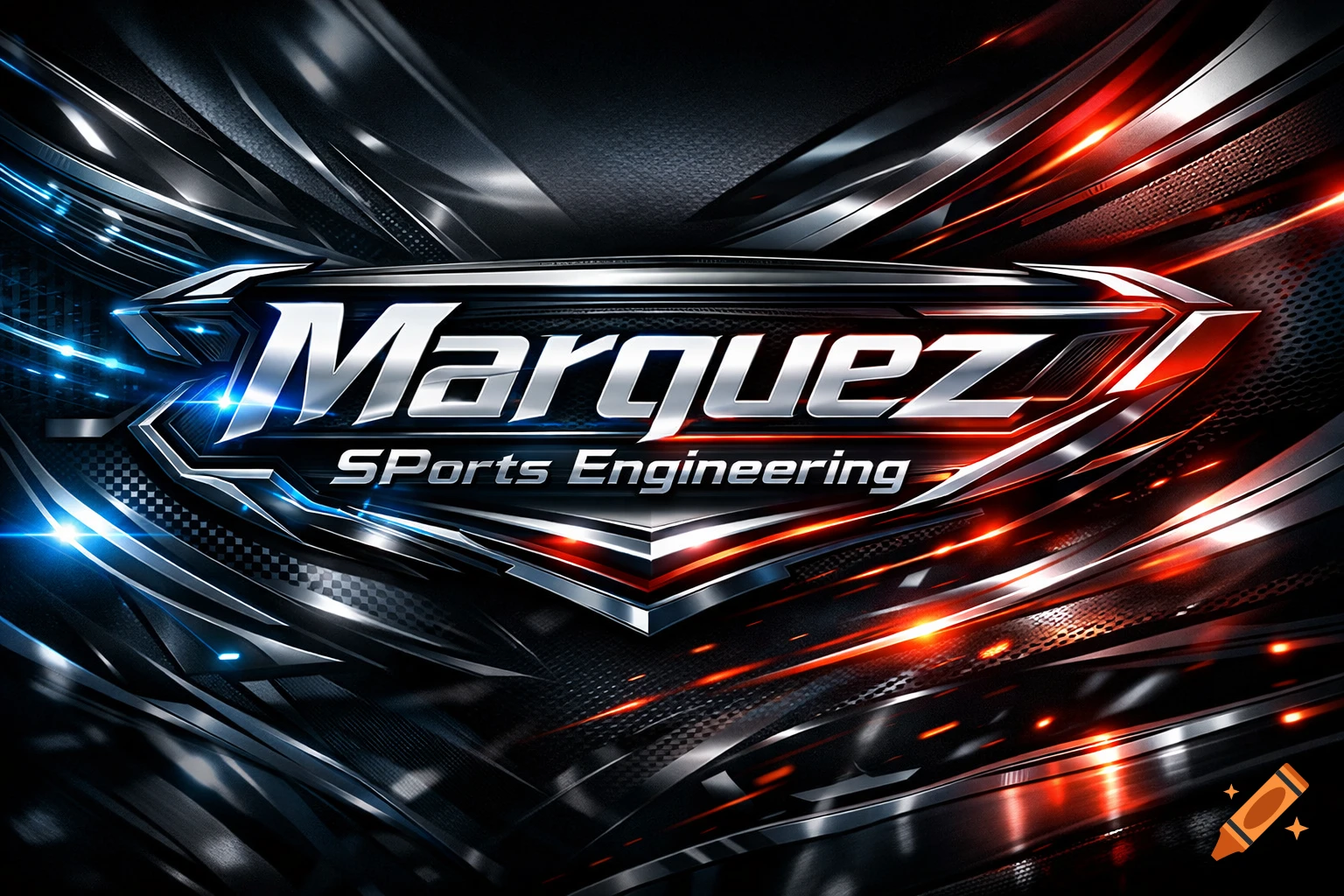 A metallic, futuristic logo for "Marquez SPorts Engineering" with reflective surfaces, blue glowing accents on the left, and red glowing accents on the right against a dark, textured background.