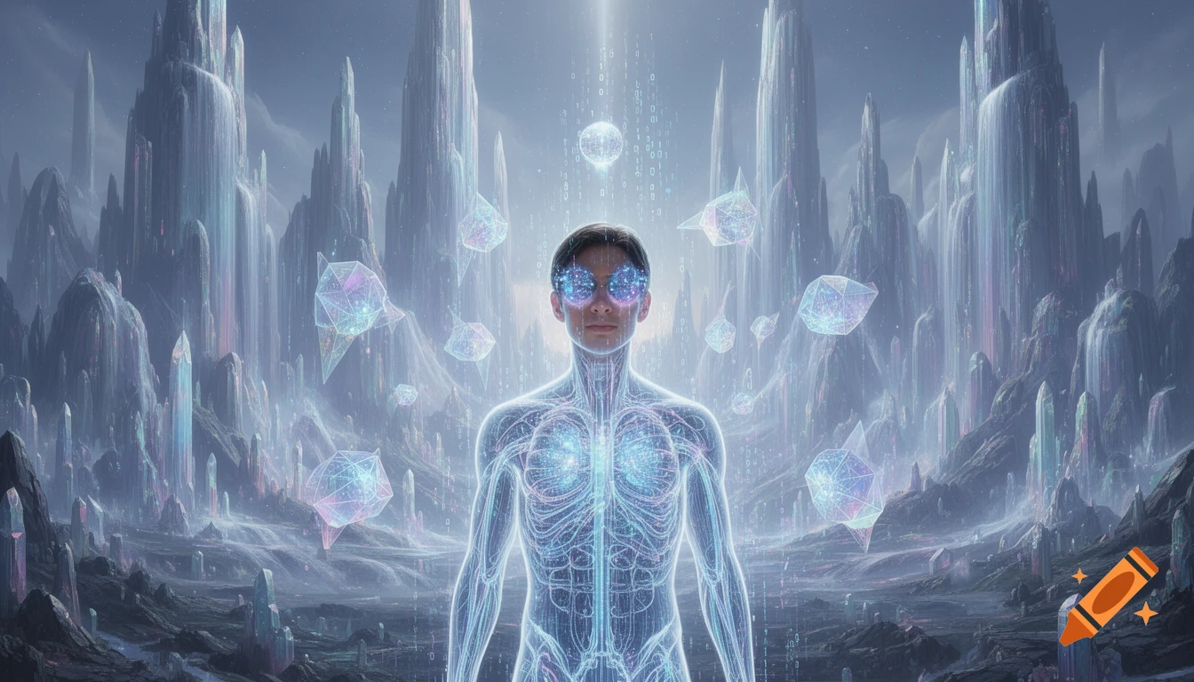 Strong Ranslucent Figure A glowing, translucent human figure with neural networks in a vast ...