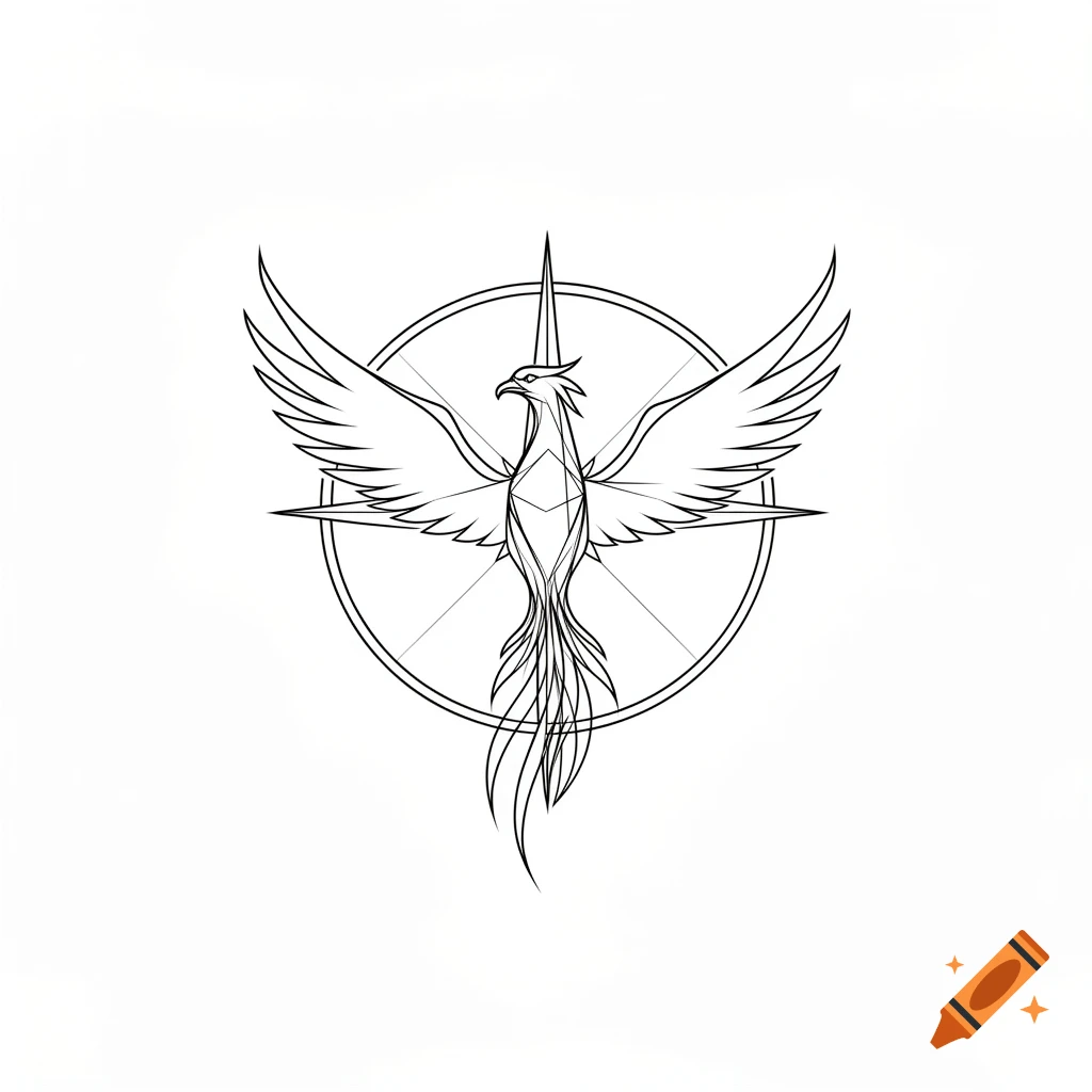 Minimalist black line art tattoo design of a phoenix with outstretched wings emerging from a compass circle, on a white background.