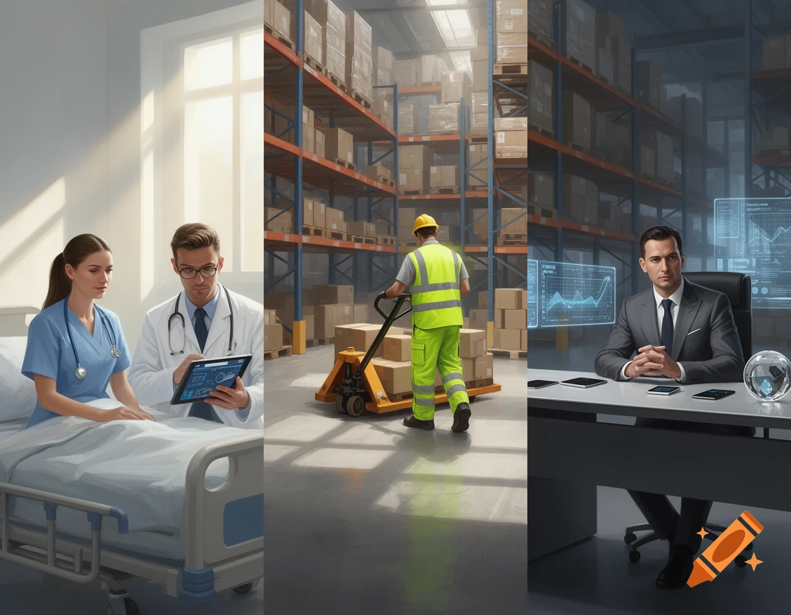 A triptych showing a doctor and nurse in a hospital room, a warehouse worker with a pallet jack, and a CEO at a desk with digital screens.