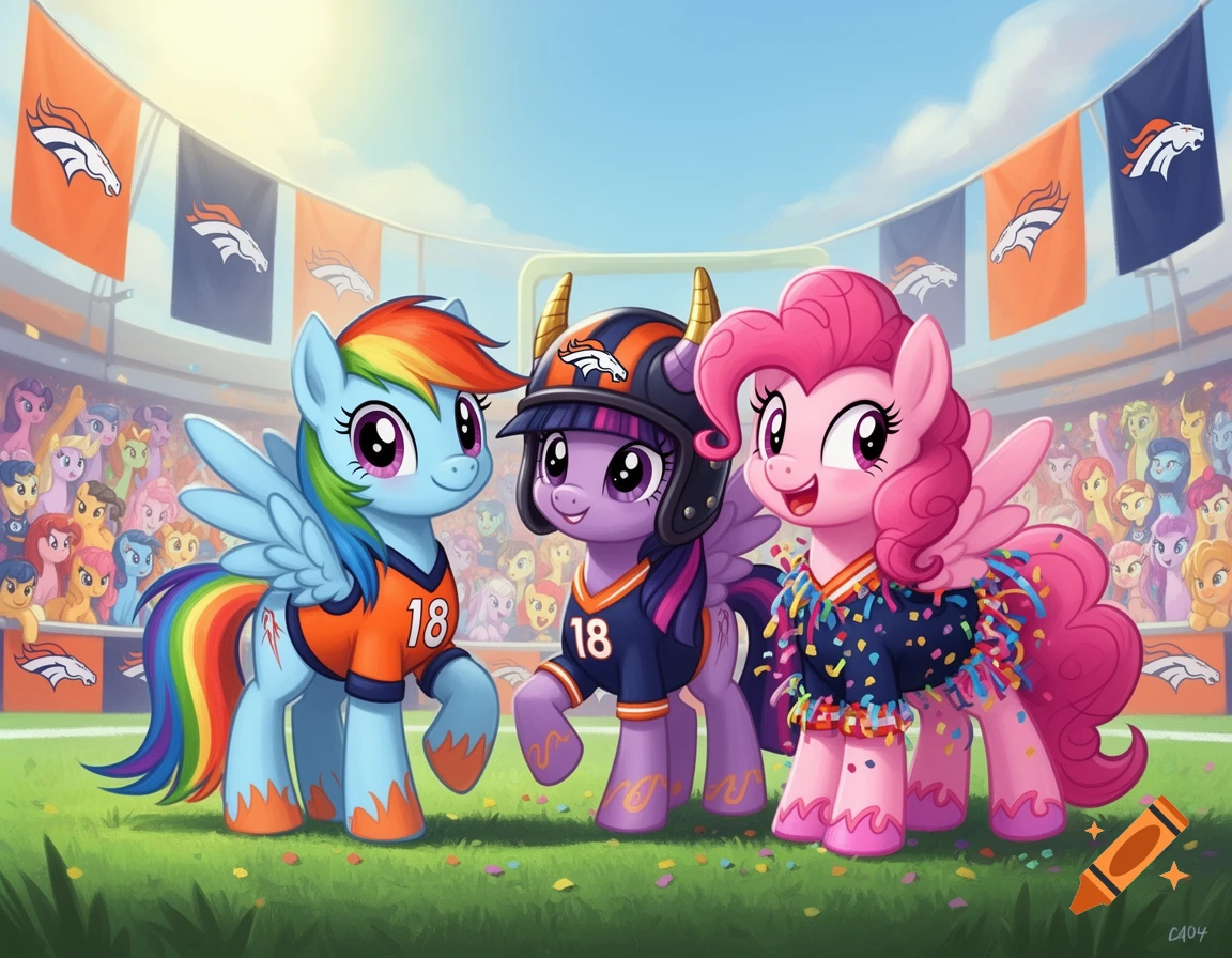 Three My Little Pony characters, including Rainbow Dash and Pinkie Pie, wear Denver Broncos jerseys in a football stadium.