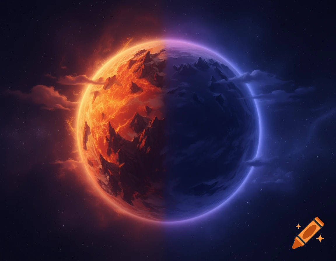 A tidally locked planet with one side glowing fiery orange and the other side in deep blue shadow against a starry space background.