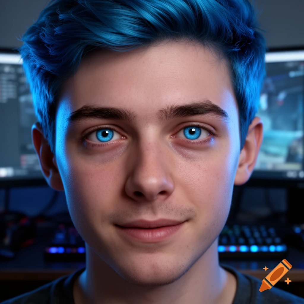 Close-up portrait of a young man with vivid blue hair and glowing blue ...