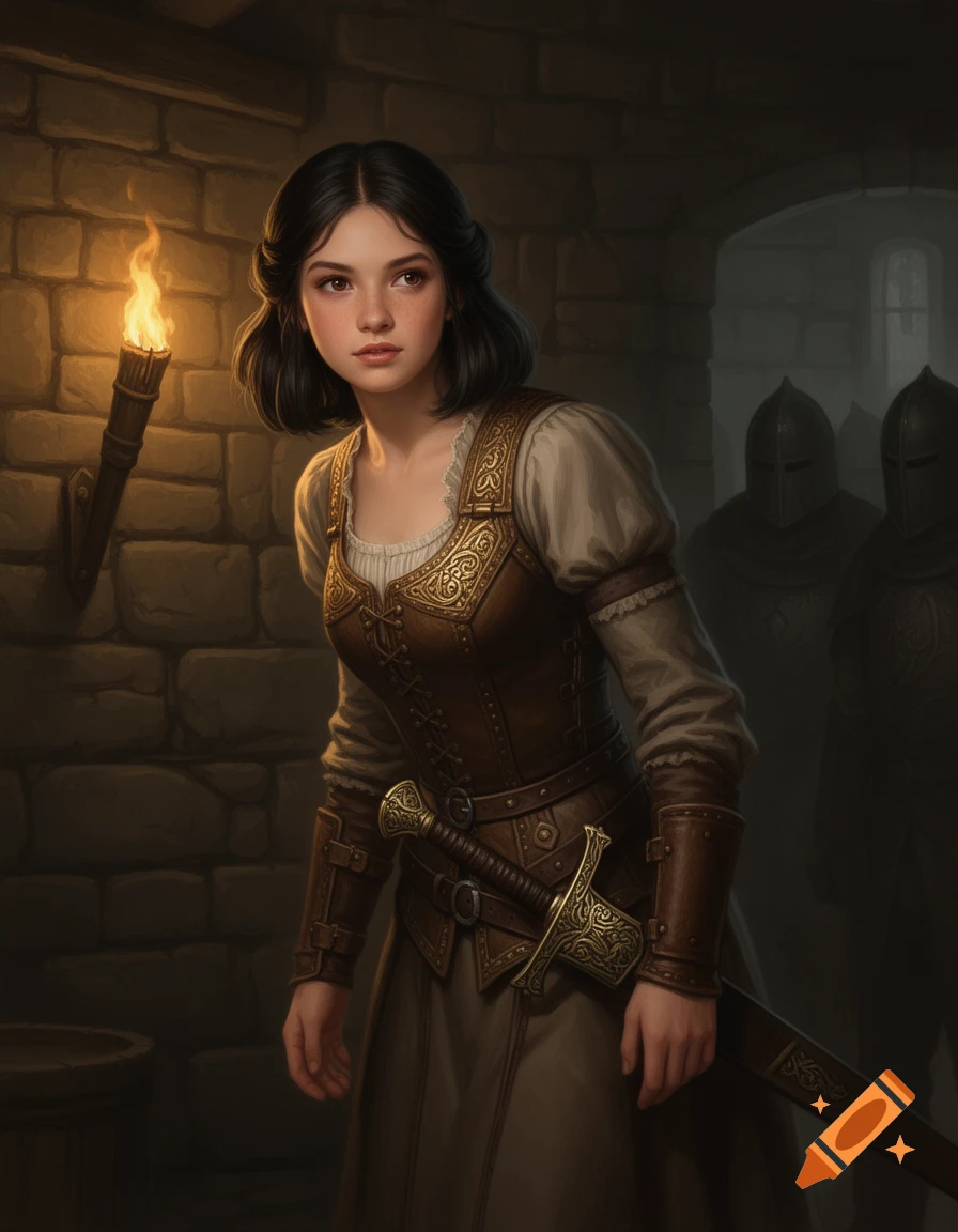 A young female medieval warrior with a sword stands alert in a dimly lit stone dungeon with torchlight and armored guards, in a painterly fantasy style.