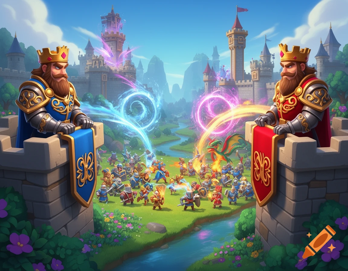 Two kings on castle walls watch a vibrant fantasy battle between two armies with magic and a dragon in a stylized art style.