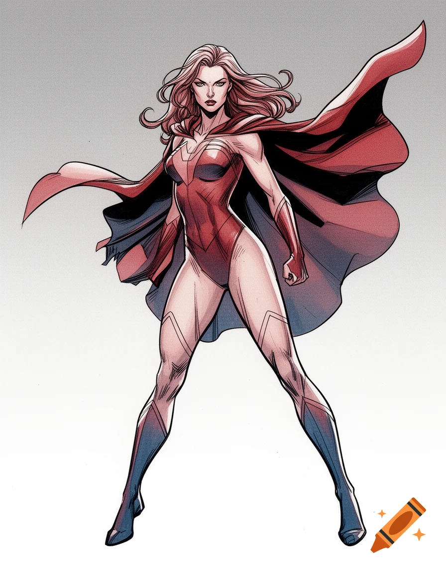 A powerful woman in a red and blue superhero bodysuit with a flowing red cape, standing confidently in a comic book art style.