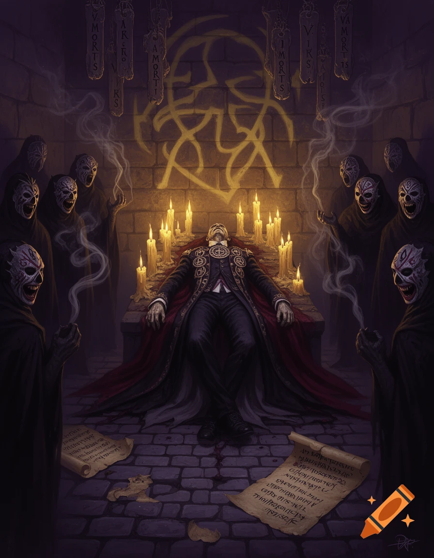 A macabre ritual scene with a dead figure in formal attire on an altar, surrounded by creepy masked cultists in a dark, stone room.
