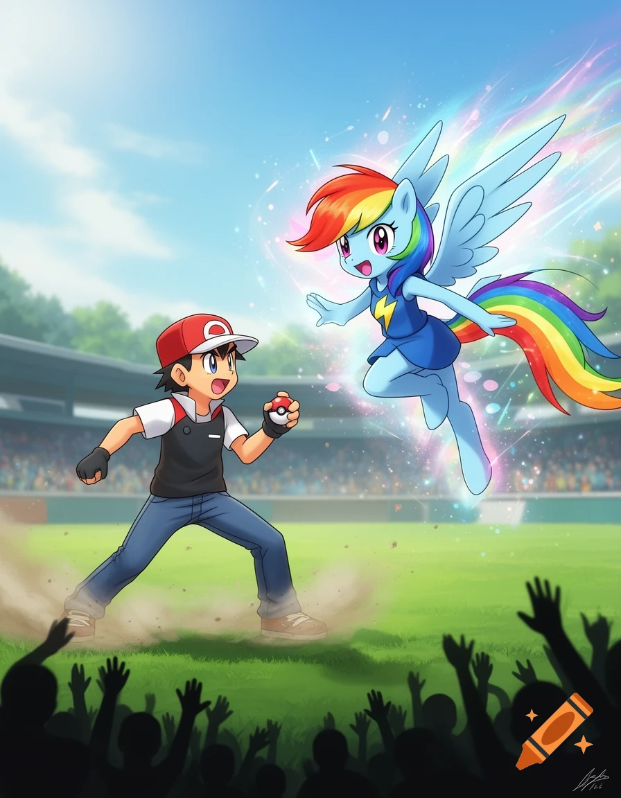 Pokemon trainer throws a Pokeball towards a glowing, flying Rainbow Dash from My Little Pony in an anime crossover scene at a stadium.
