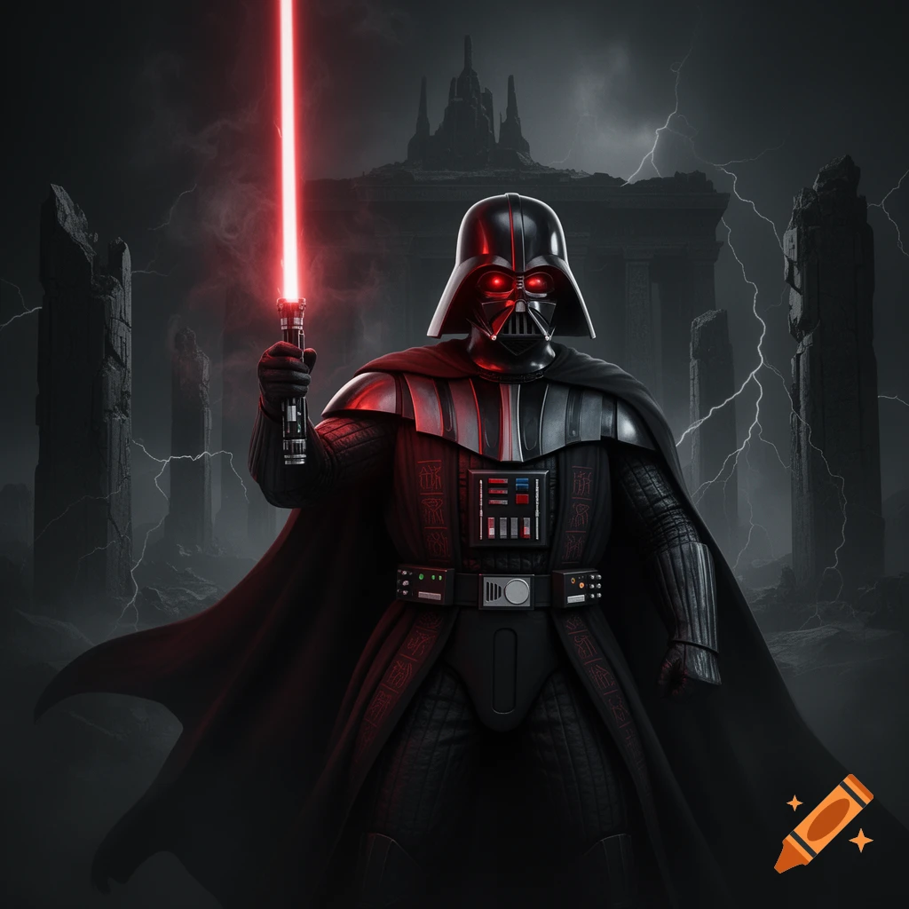 Darth Vader stands in a ruined Sith temple, holding a red lightsaber amidst lightning and mist, in a dark, cinematic style.