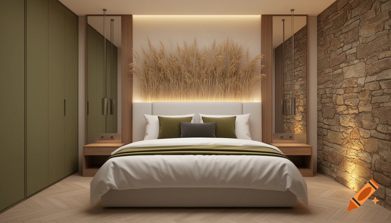 Modern luxury bedroom with a king bed, olive green bedding, dry grass art panel, stone wall, and olive green wardrobe.