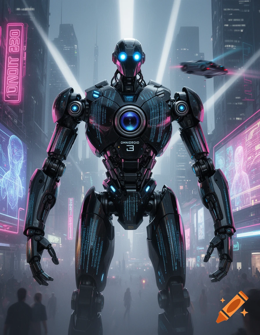 A giant black robot with glowing blue eyes and a chest camera stands in ...