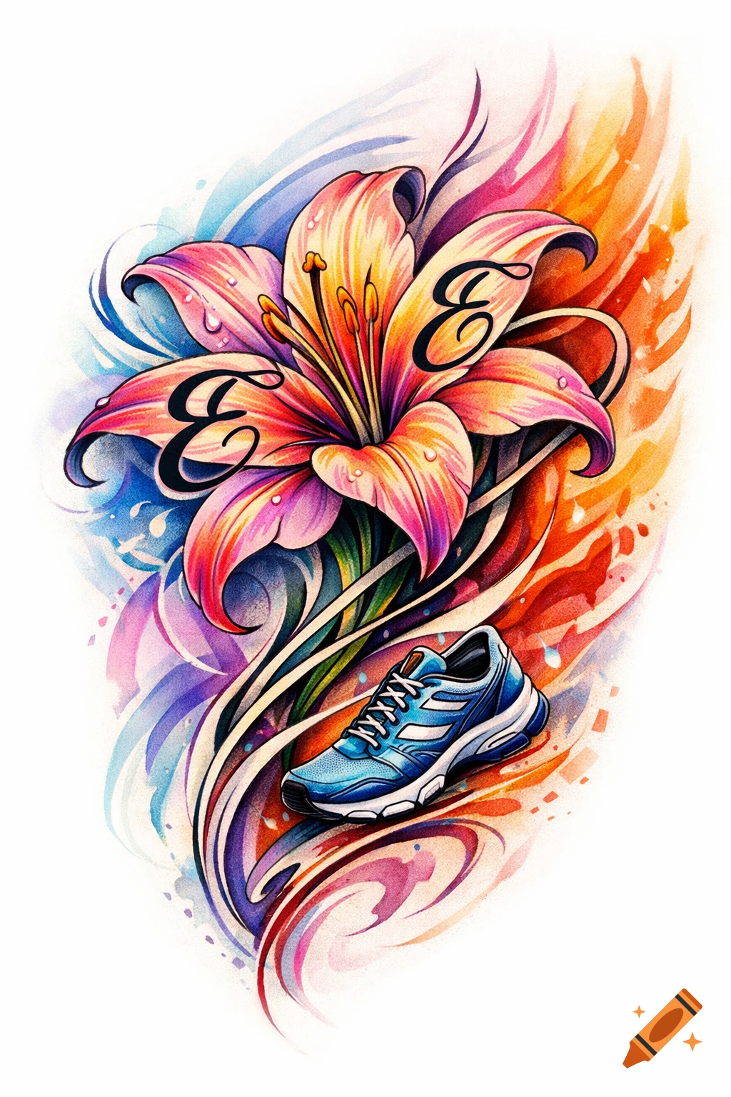Vibrant watercolor tattoo design of a pink and orange lily with two stylized 'e' shapes and a blue running shoe.