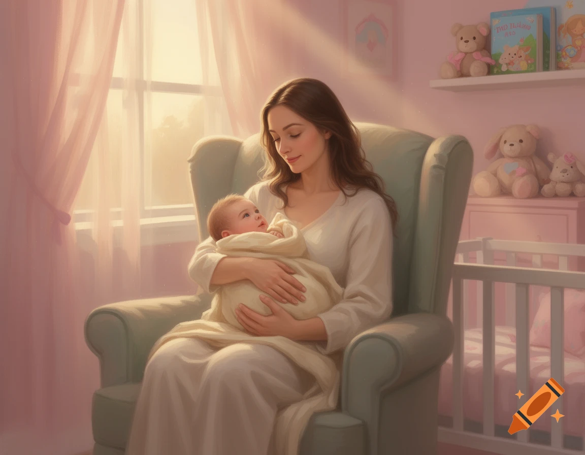 A mother sits in a chair, cradling her swaddled baby in a softly lit pink nursery.