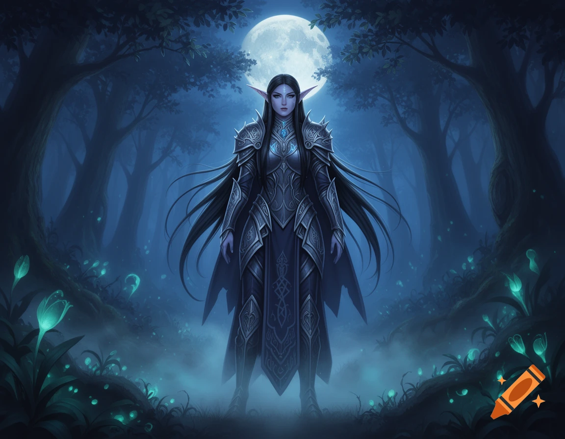 A dark elf in detailed armor stands majestically in a glowing, moonlit forest with blue light.