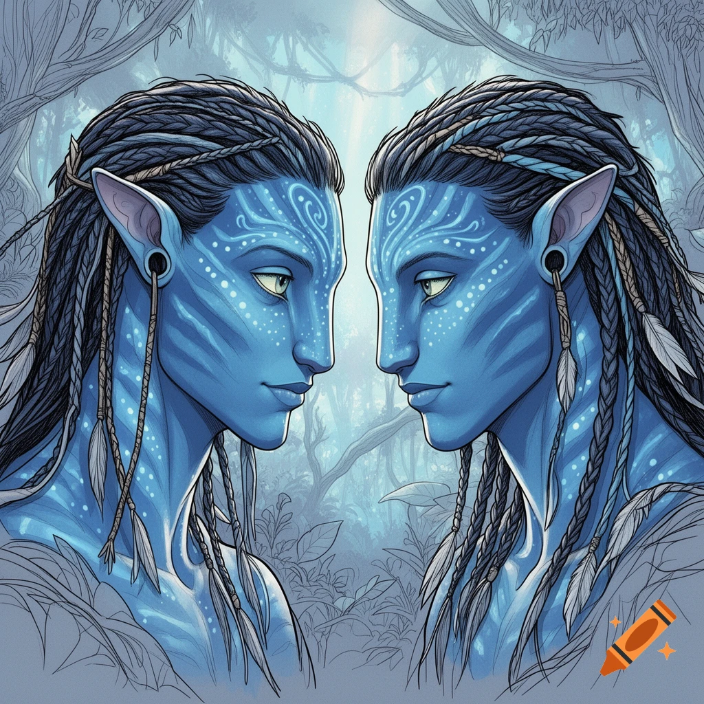 Two blue-skinned male Na\u2019vi characters with braids and markings look at each other in a forest in a detailed line art illustration.