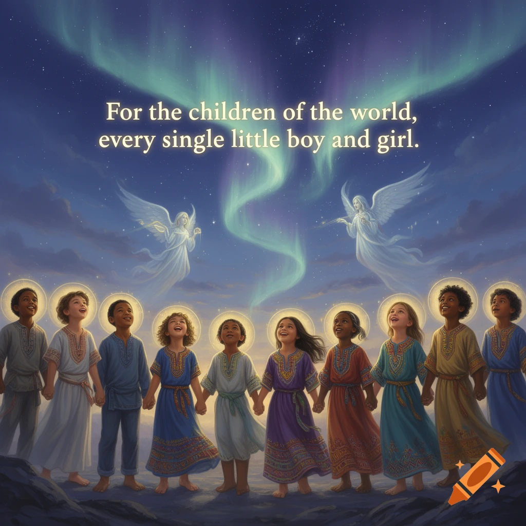 Diverse children holding hands look up at angels and aurora in a night sky, with text 'For the children of the world, every single little boy and girl.'