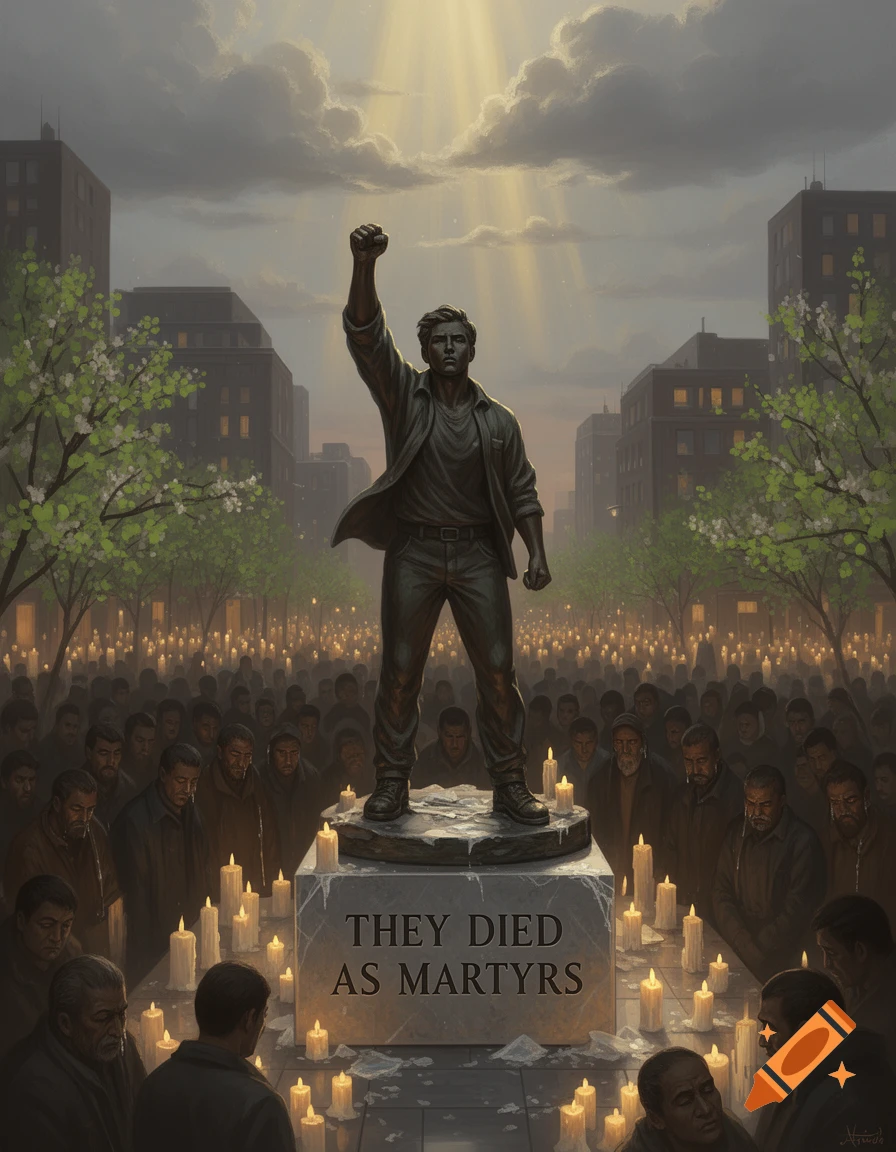 Bronze statue of a man with a raised fist on a pedestal inscribed 'THEY DIED AS MARTYRS', surrounded by a solemn crowd and candles at dusk.