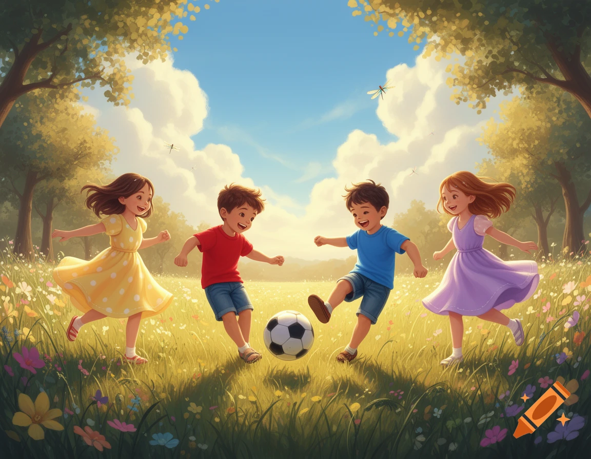 Four joyful children, two boys and two girls, play soccer in a sunny, flower-filled grassy field, illustrated in a cheerful style.