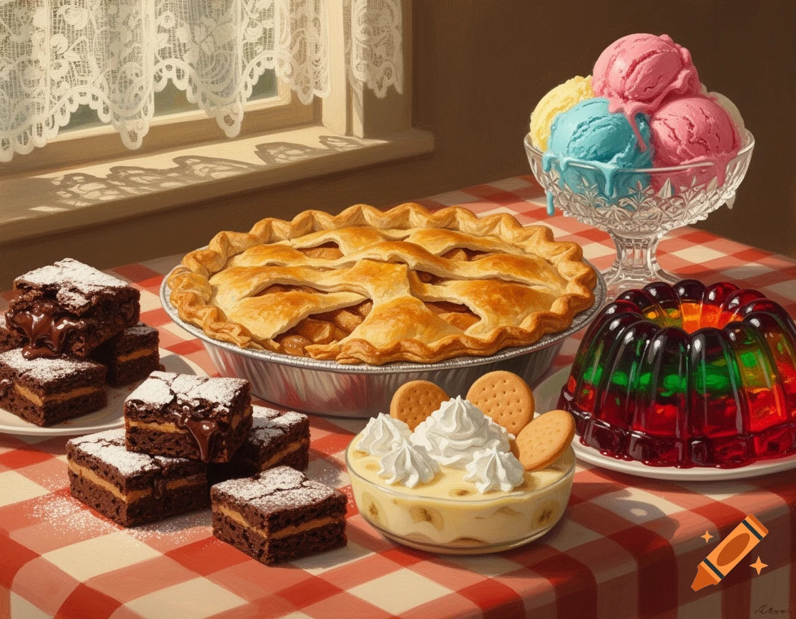 An assortment of classic American desserts including apple pie, brownies, ice cream, layered jello, and banana pudding on a checkered tablecloth.