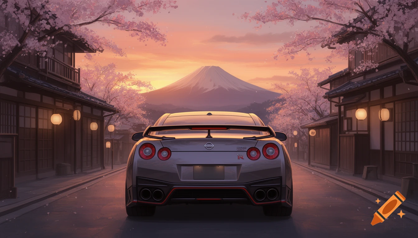 Digital art of a gray Nissan GT-R Nismo on a traditional Japanese street at sunset, with Mount Fuji and cherry blossoms.