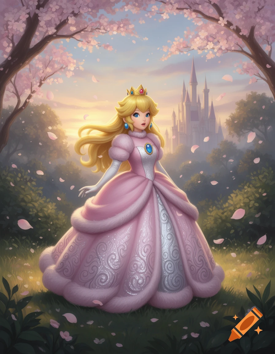 Princess Peach stands in a pink furry dress in a cherry blossom garden ...