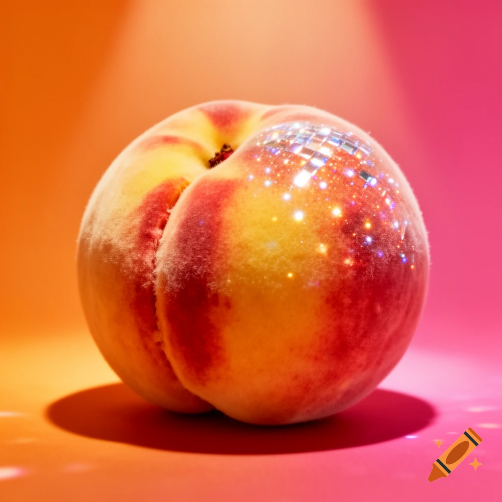 A photorealistic fuzzy peach, half-illuminated with a disco ball shimmer and sparkles, rests on a vibrant orange-pink gradient surface.