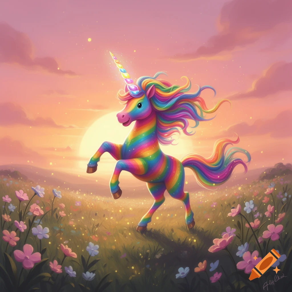 A vibrant rainbow-striped unicorn rears up in a field of colorful flowers under a pastel sunset sky.