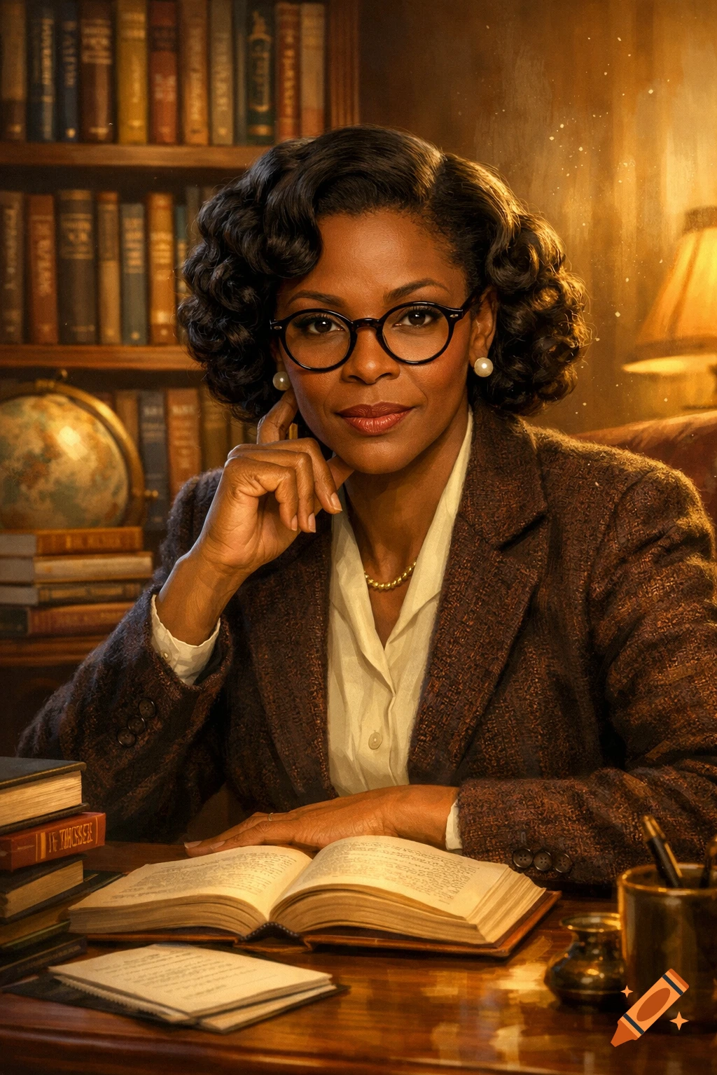 A sophisticated Black American female professor with curly hair and ...