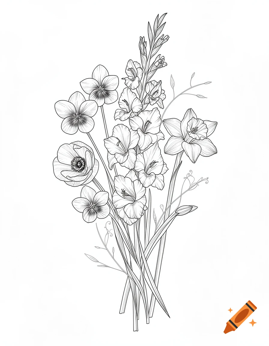 Fine line drawing of a bouquet featuring three violets, a poppy, a gladiolus, and a narcissus on a white background.
