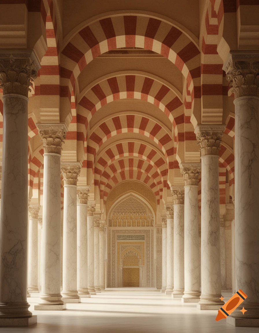 A photorealistic view of a long hallway inside a mosque, featuring numerous white marble columns and red and white striped horseshoe arches, leading to an ornate golden doorway.