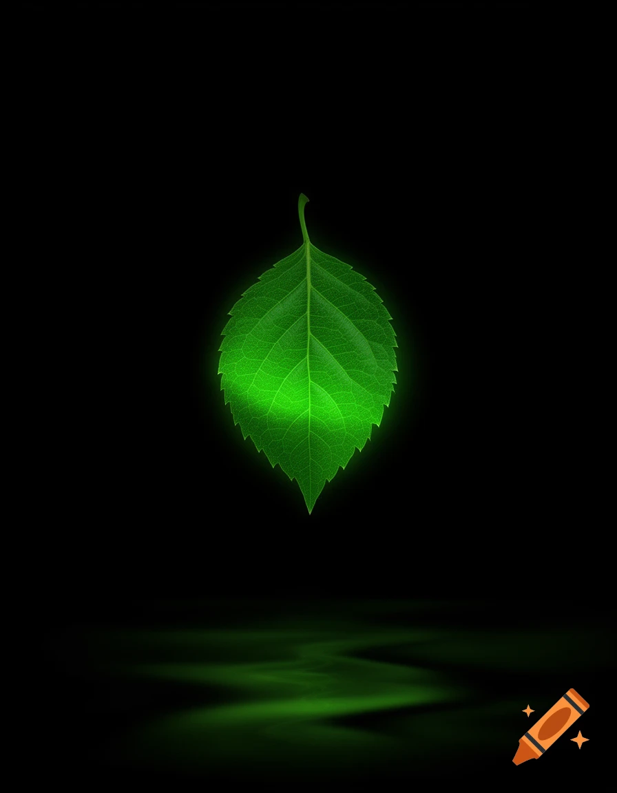 Vibrantly glowing green leaf with a reflection against a dark background, in a minimalist style.