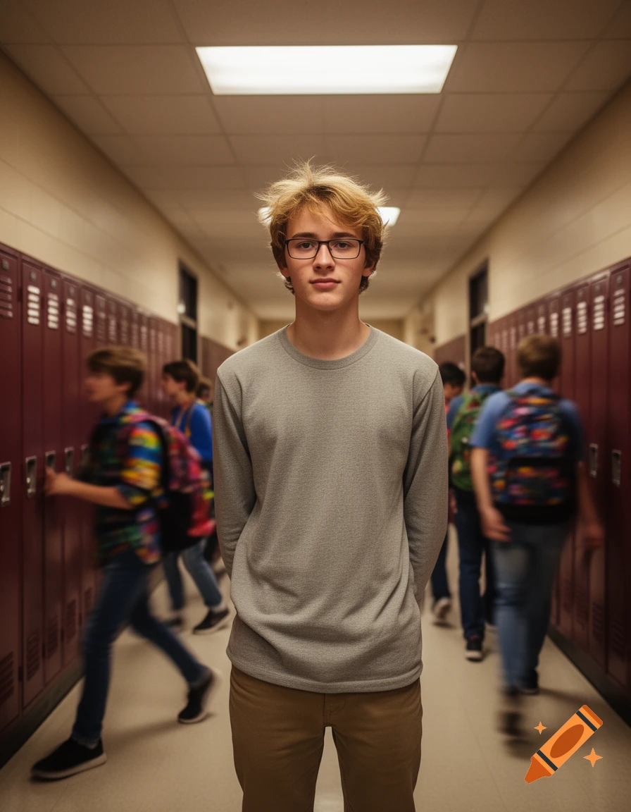 A blonde male high school student with glasses stands in a blurred hallway with lockers.