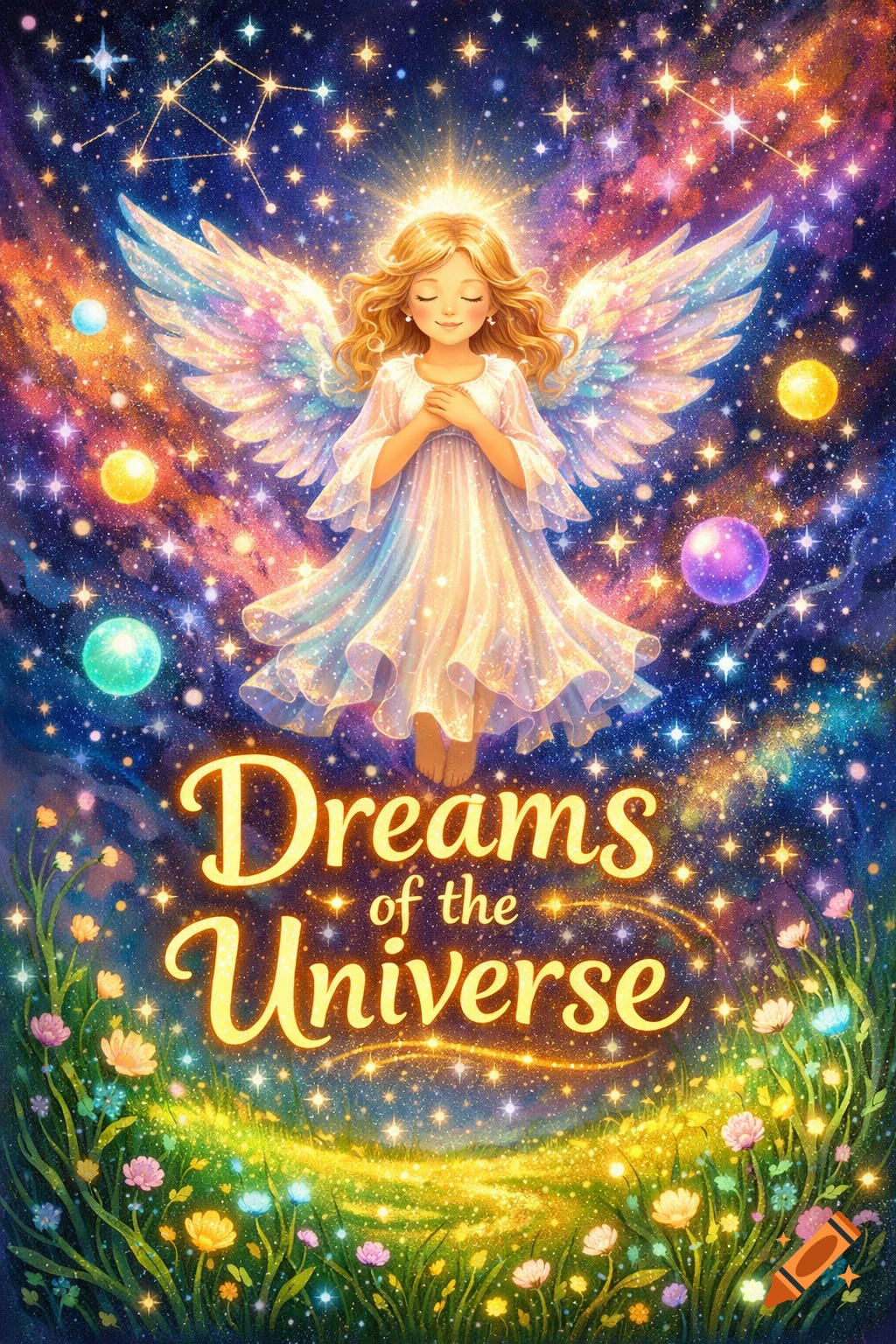 A glowing angelic child with wings floats above a starry landscape with vibrant cosmos and text 'Dreams of the Universe'.