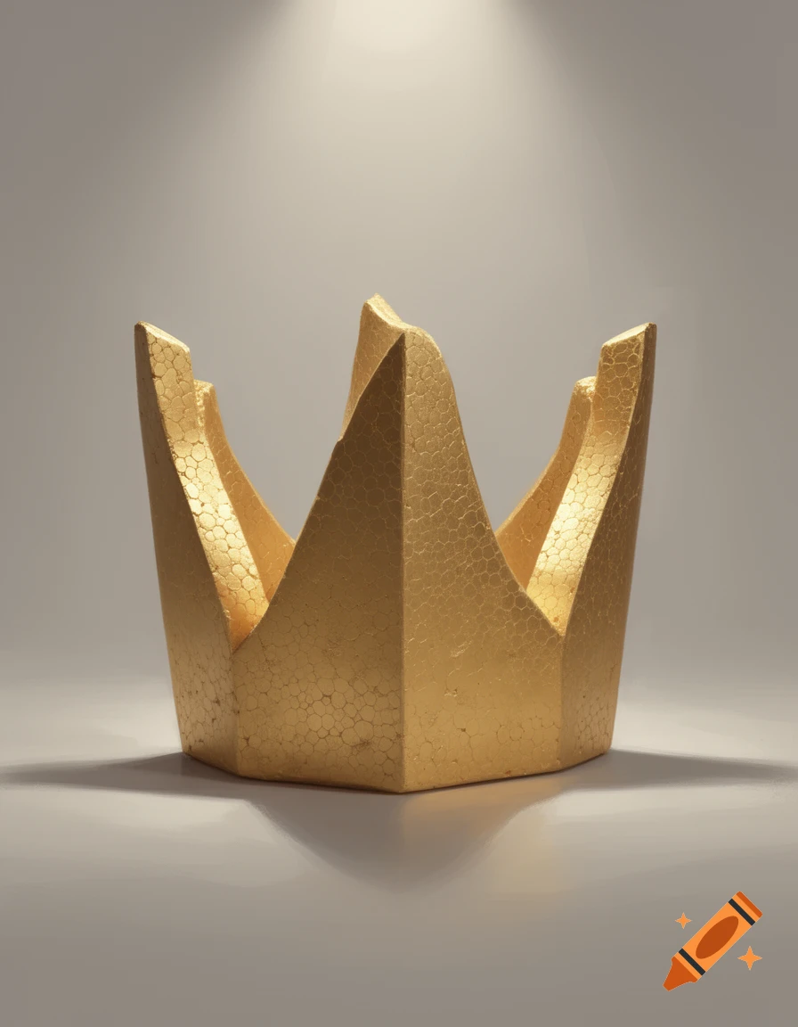 A golden, angular crown made of styrofoam with a textured, bubbly surface sits on a reflective grey surface under a spotlight.