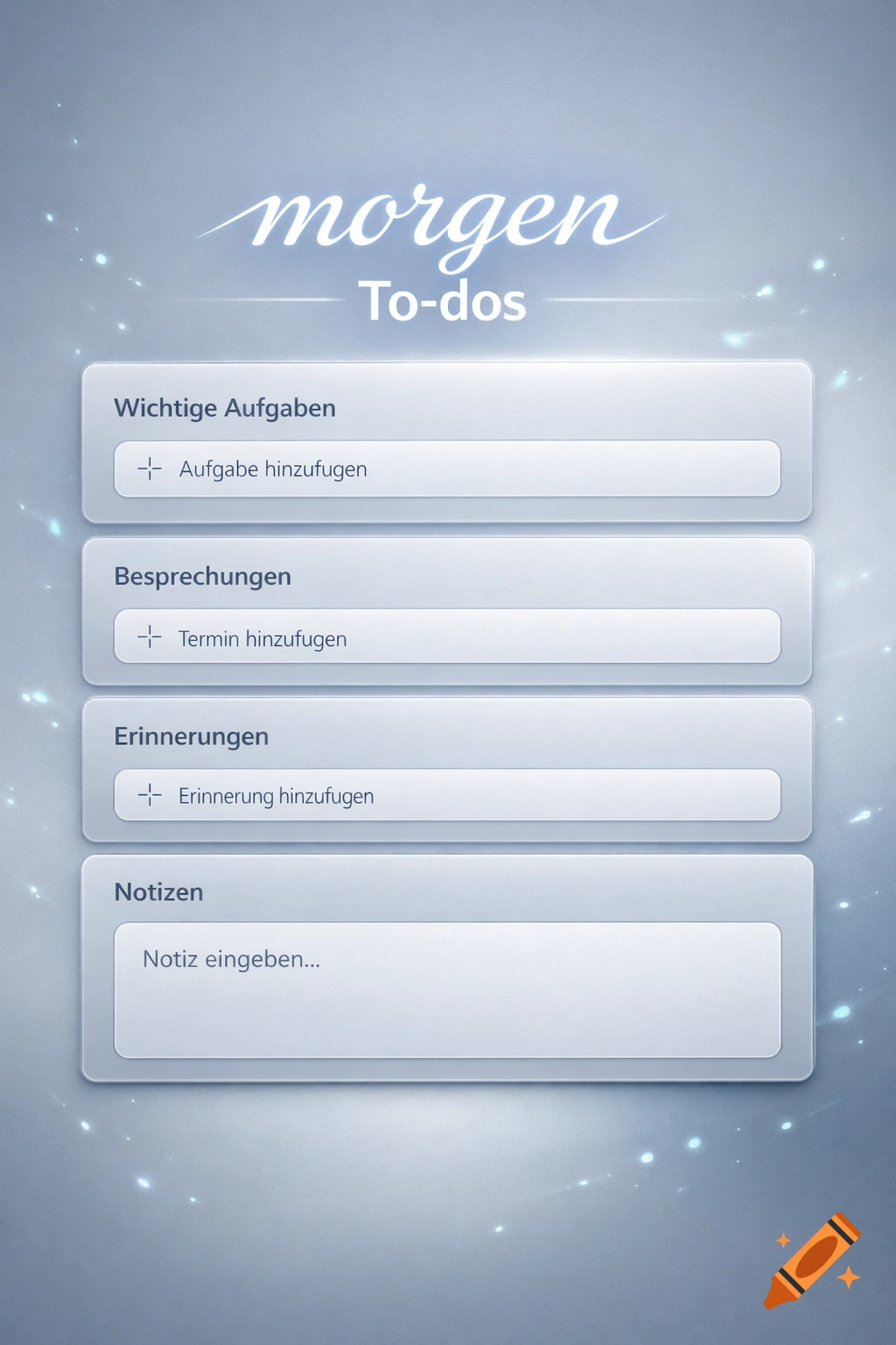 A clean, light-themed digital to-do list application interface displaying sections for important tasks, meetings, reminders, and notes.