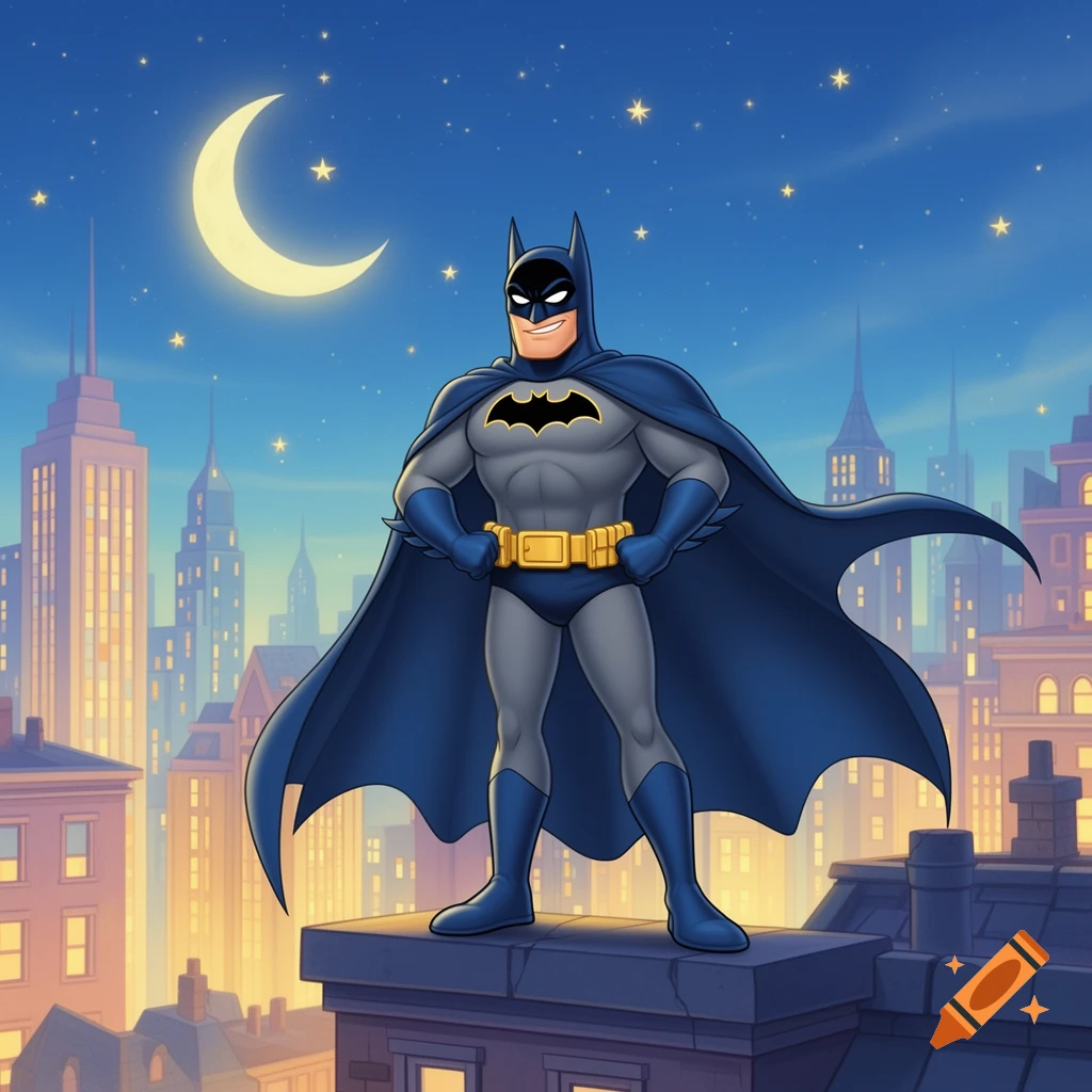 Cartoon Batman stands on a city rooftop at night with a crescent moon ...