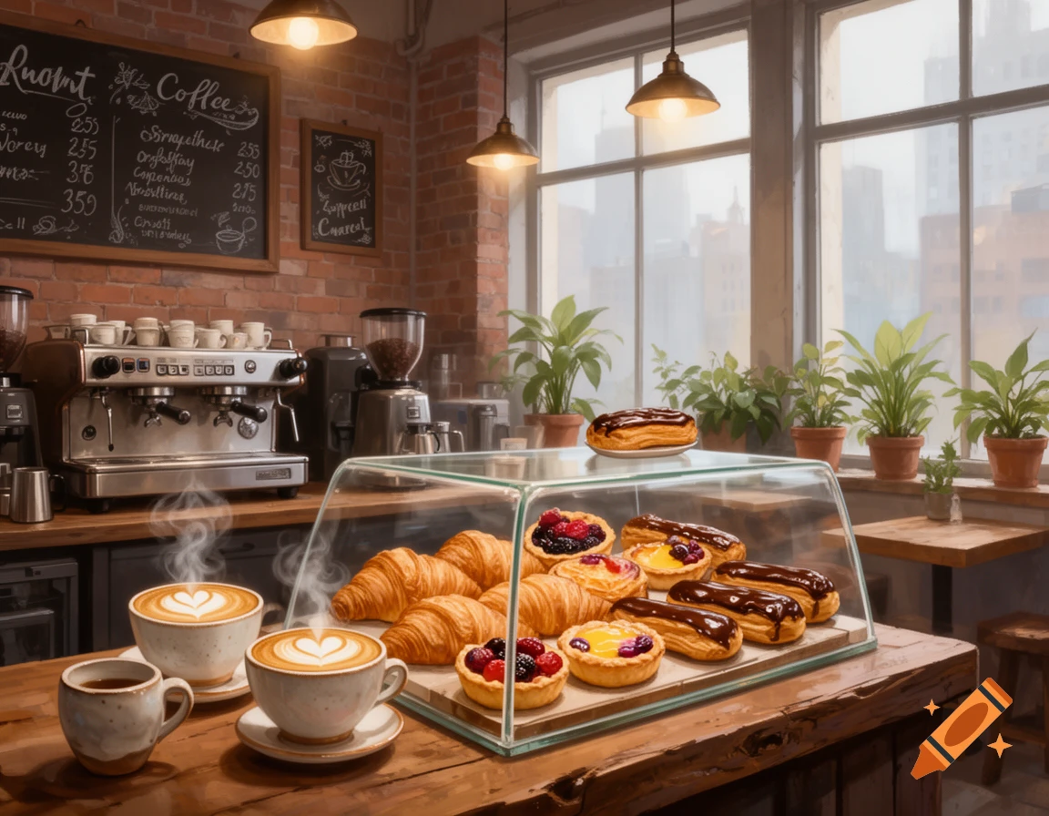 A cozy coffee shop counter with steaming lattes, croissants, chocolate eclairs, and fruit tarts on display in a glass case.