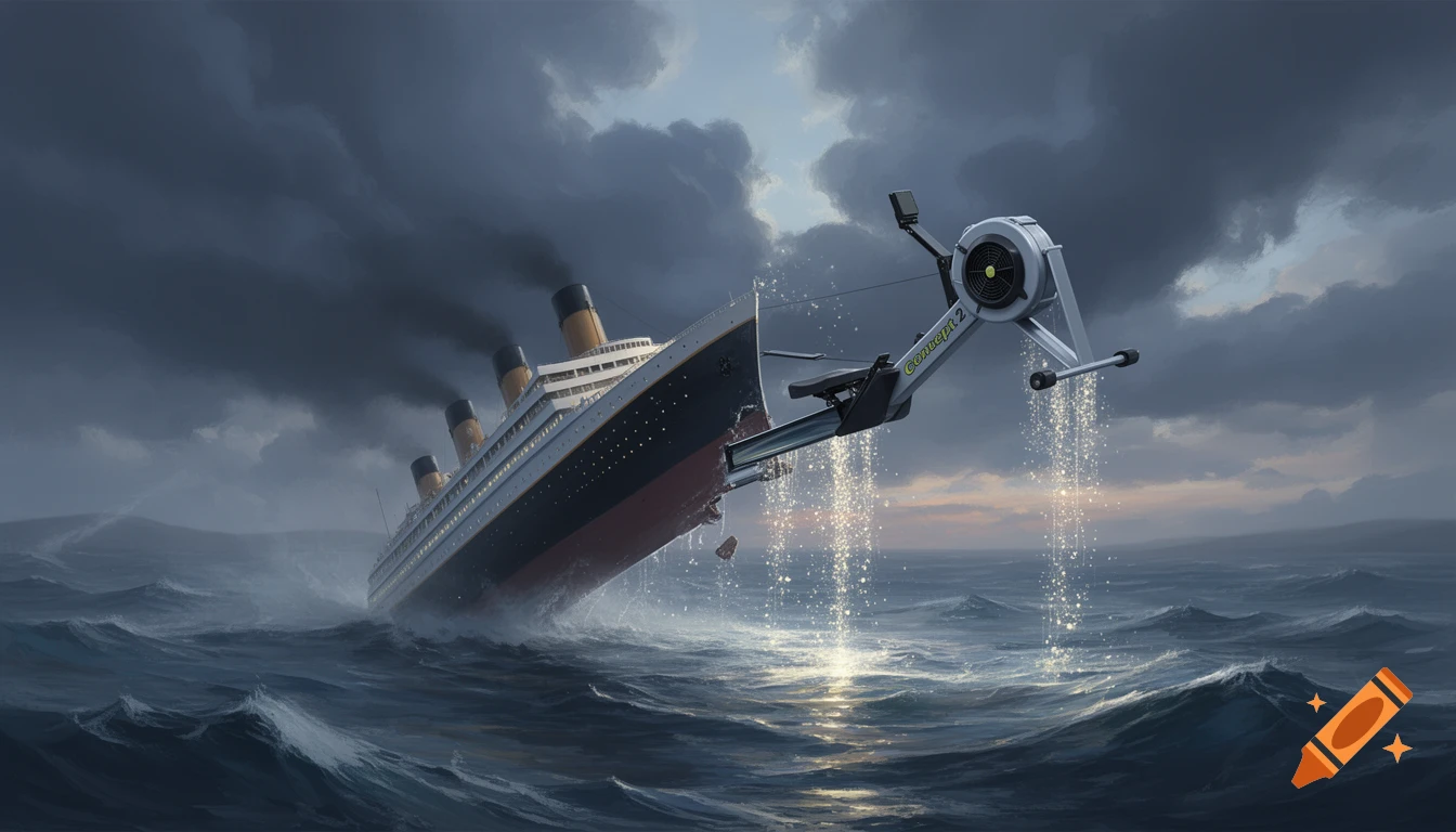 A digital painting shows a Concept 2 rowing machine sinking like the Titanic in a stormy sea, with sparkling water cascading from it.