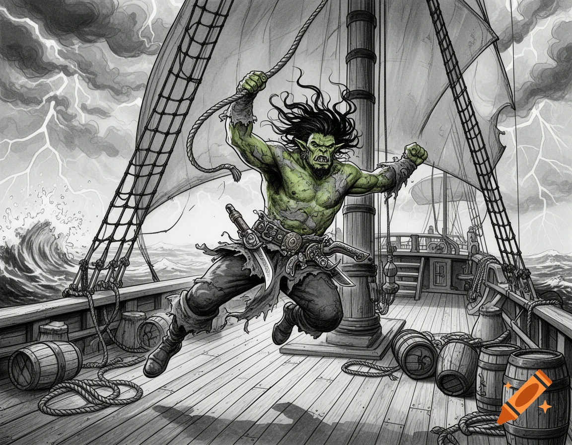 Ink drawing of a green orc pirate swinging on a rope on a ship amidst a lightning storm and rough seas.