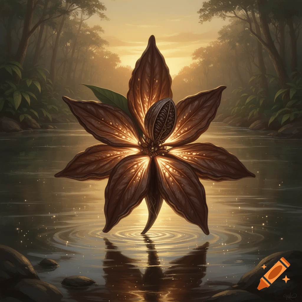 A glowing, dark, alien cacao flower creature floats on a serene river in a forest at sunset, creating ripples.