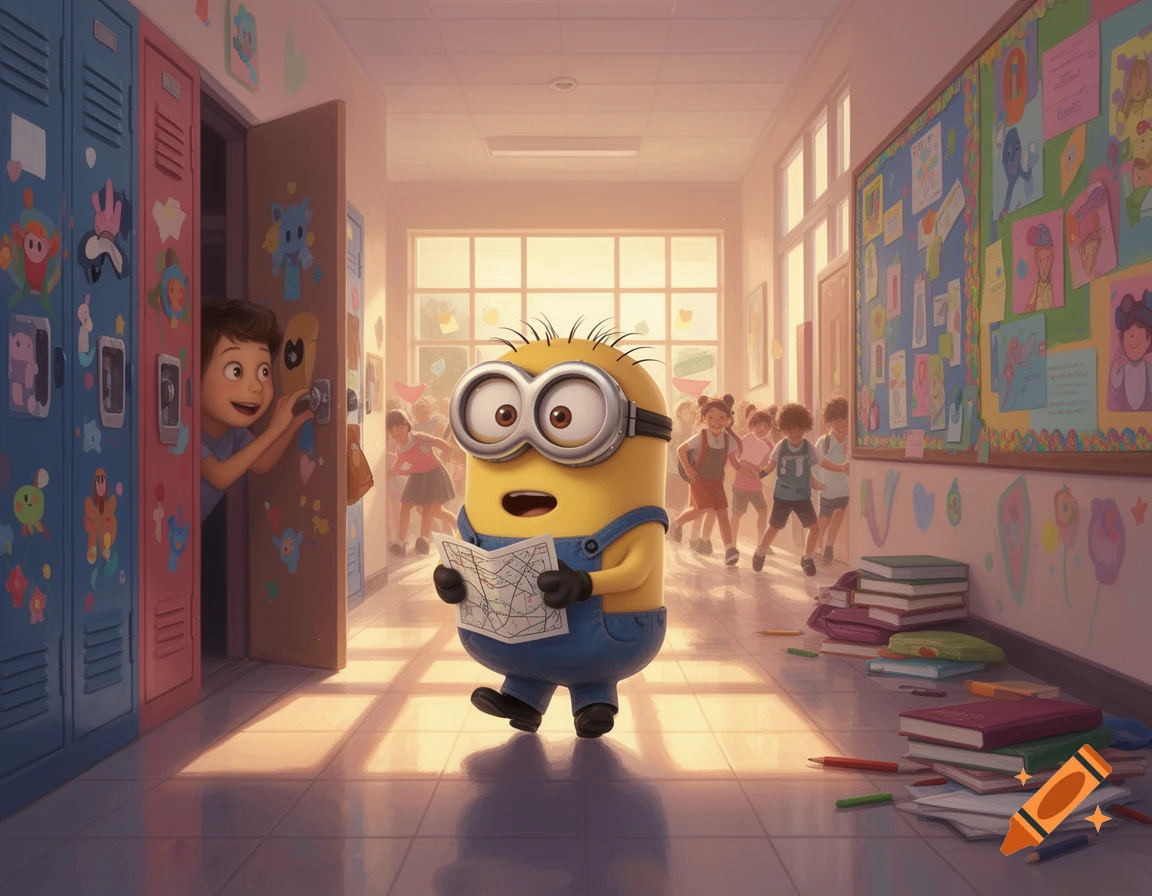 A Minion in blue overalls holds a map in a sunlit school hallway, while a boy peeks from a locker and children play in the background.