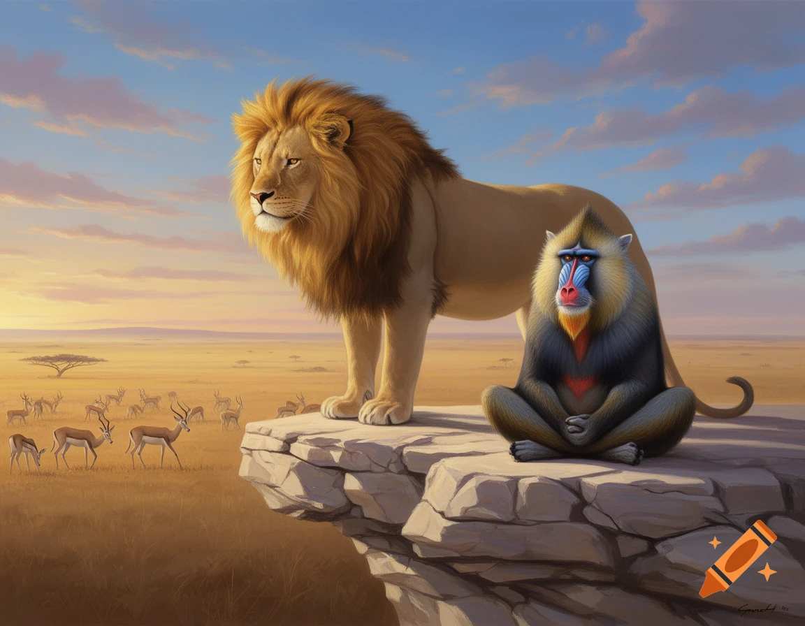 A majestic lion stands on a rock next to a sitting mandrill, overlooking a vast savanna with gazelles and an acacia tree at sunset.