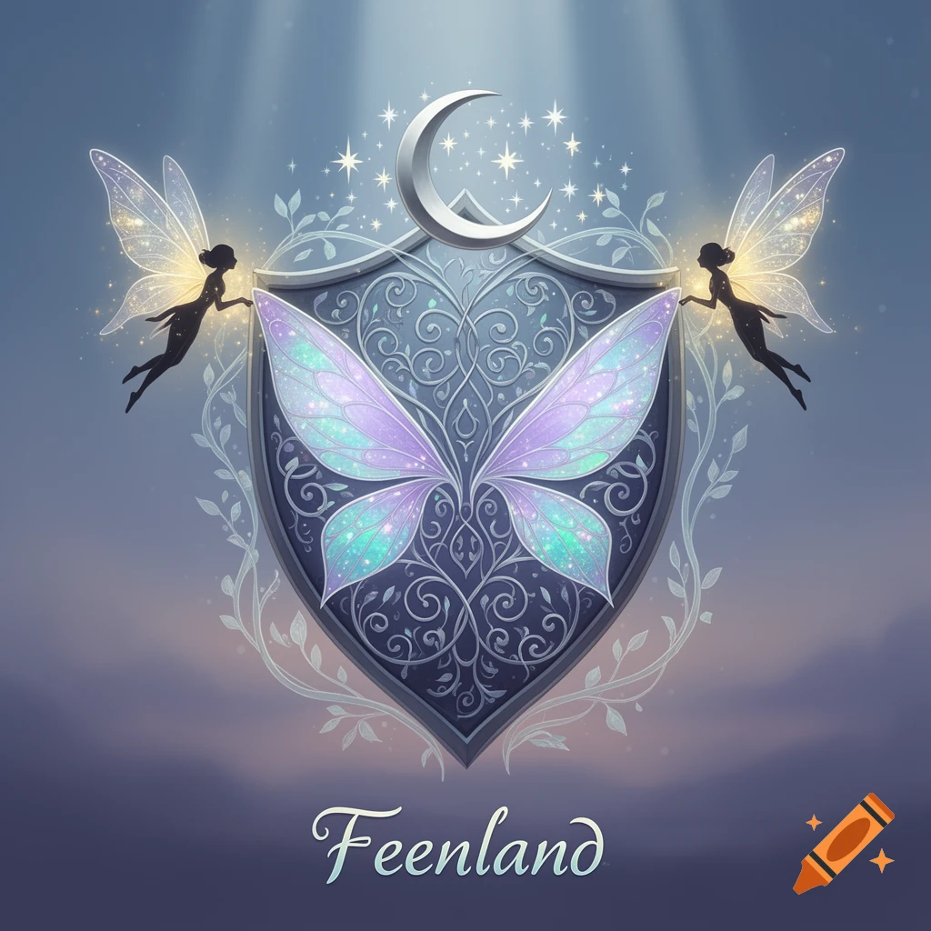 Fantasy coat of arms with iridescent fairy wings, crescent moon, stars, and two silhouetted fairies, with 'Feenland' below.