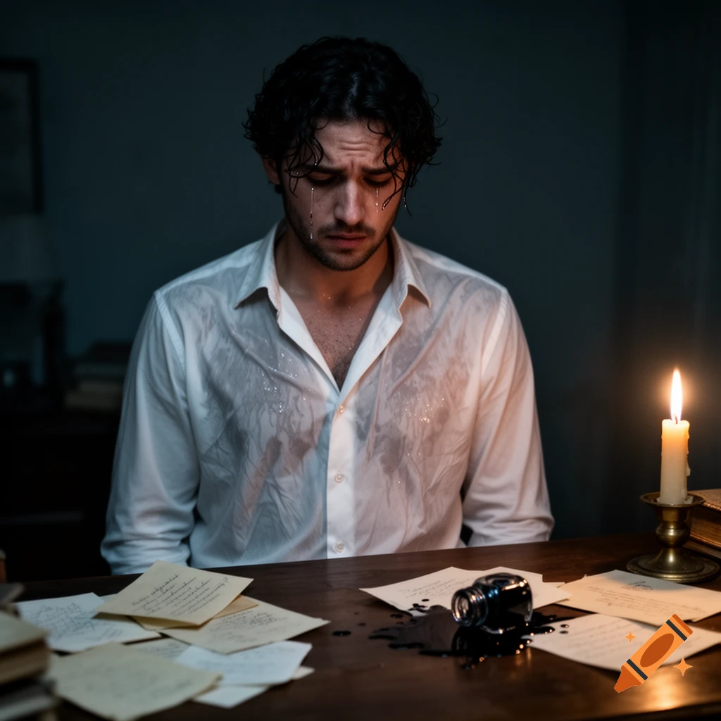 A crying man in a white shirt sits at a candlelit desk with spilled ink and scattered papers, in a photorealistic style.