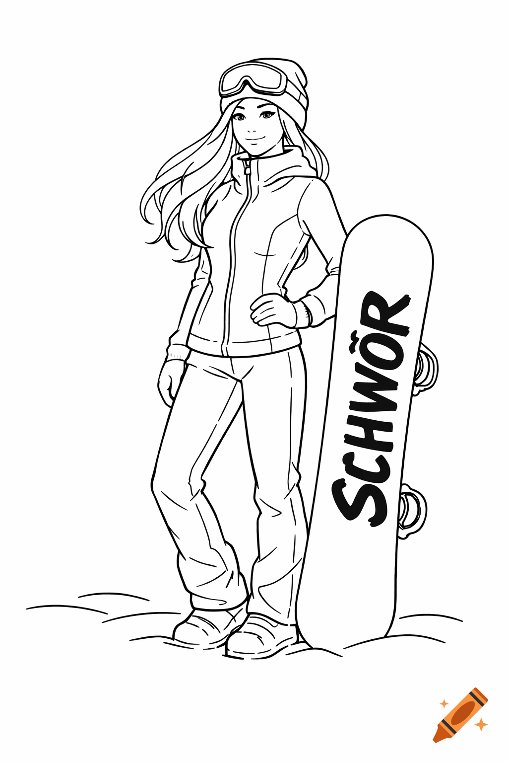 Line drawing of a smiling girl in winter gear and goggles standing with a snowboard.