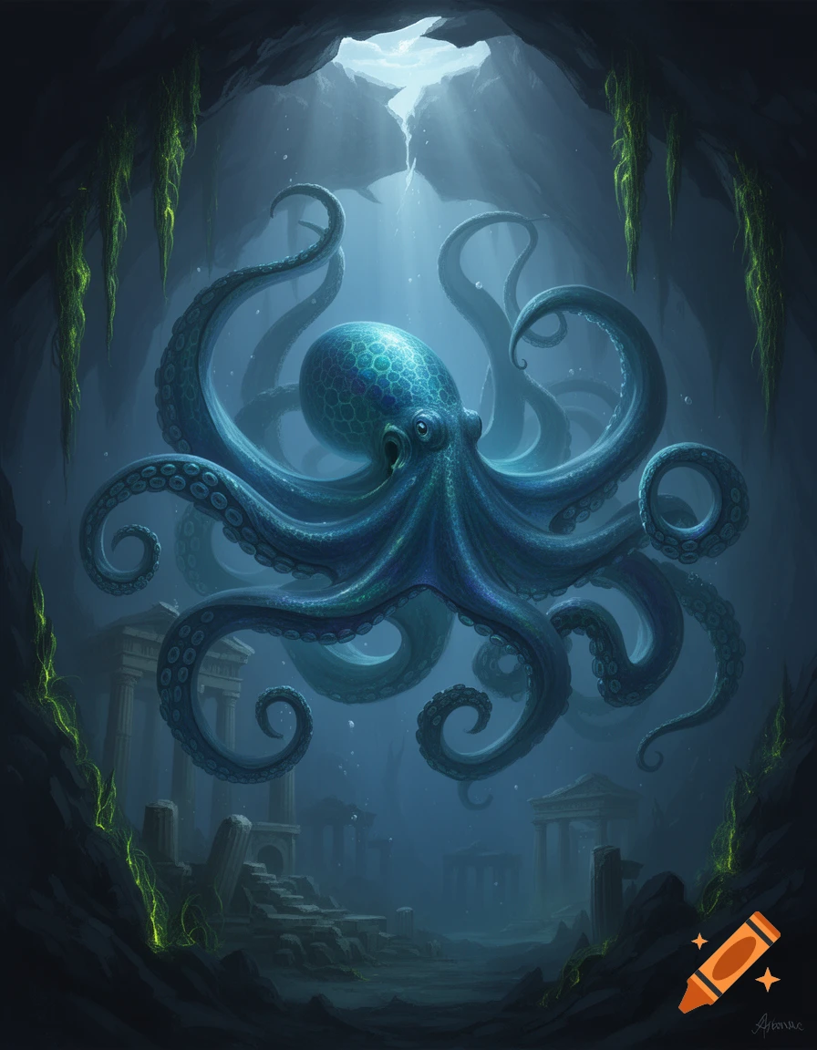 A large blue octopus with textured skin floats within a dark underwater cave, illuminated by light rays, above ancient ruins.