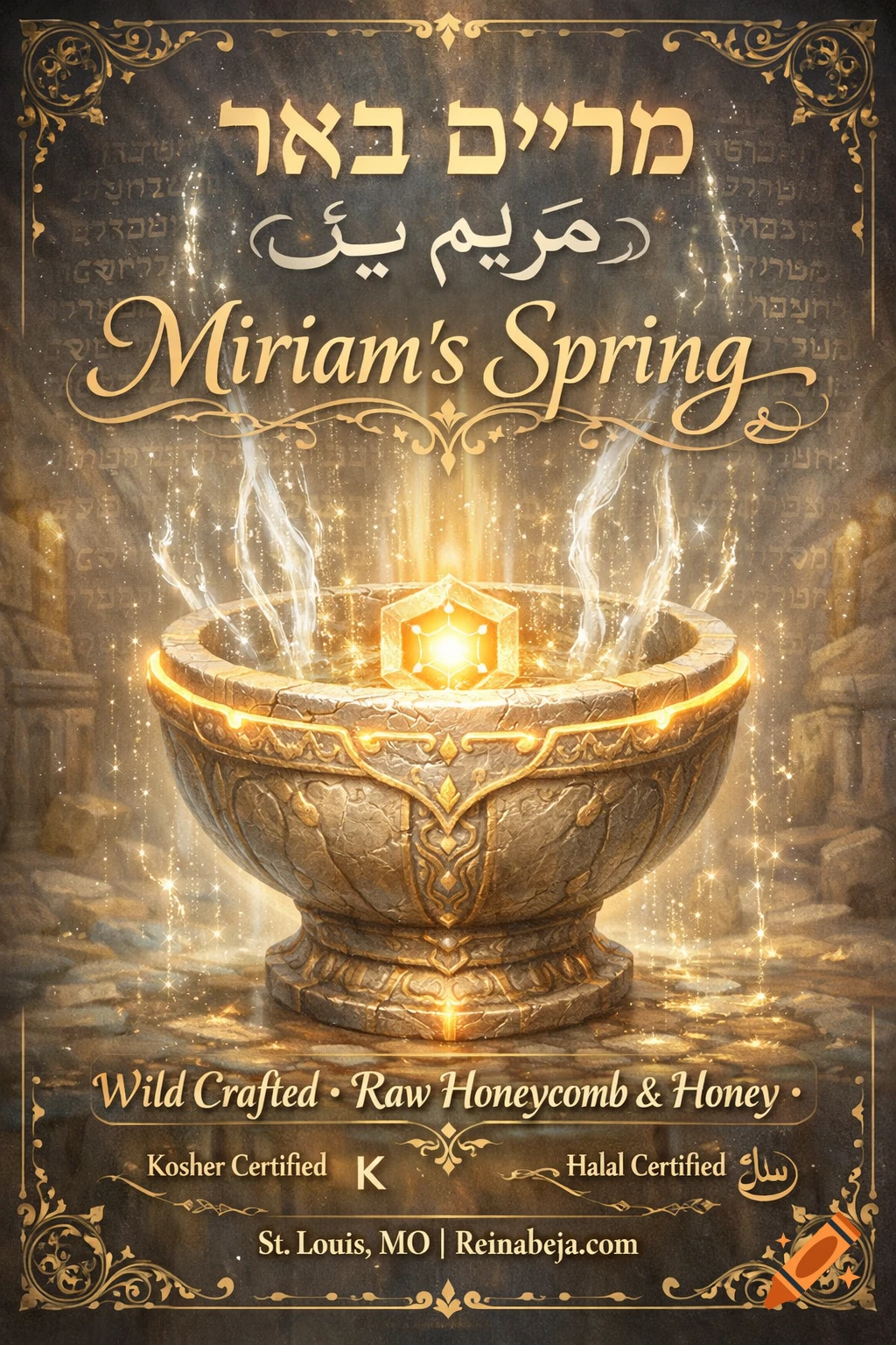 A stylized golden vessel glowing with radiant water streams, set against a dark background with ornate gold borders and multi-language text.